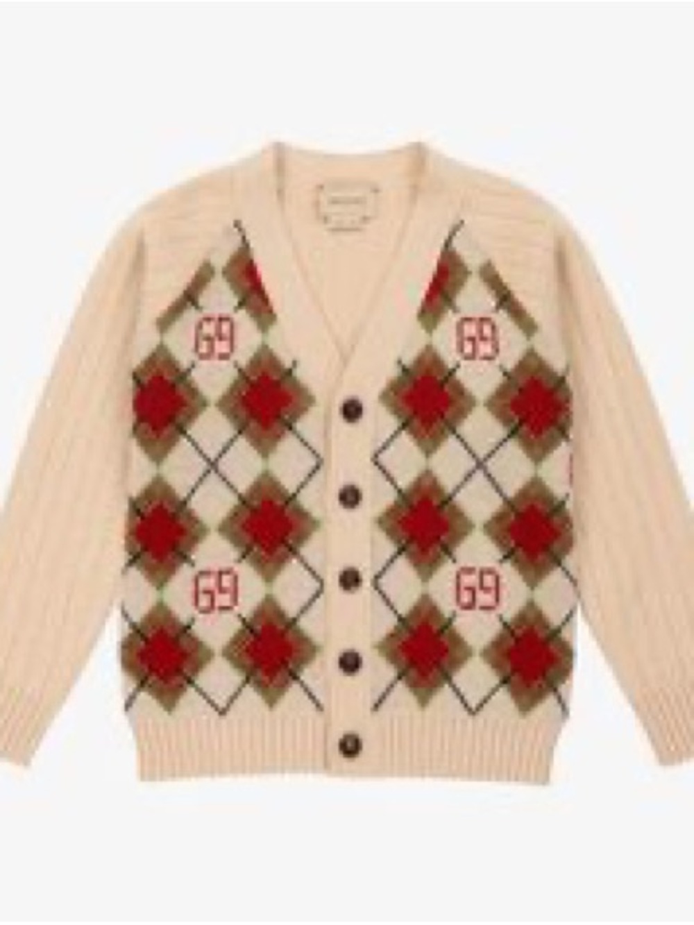 Baby Gucci Beige Argyle Knit Cardigan with Red Accents